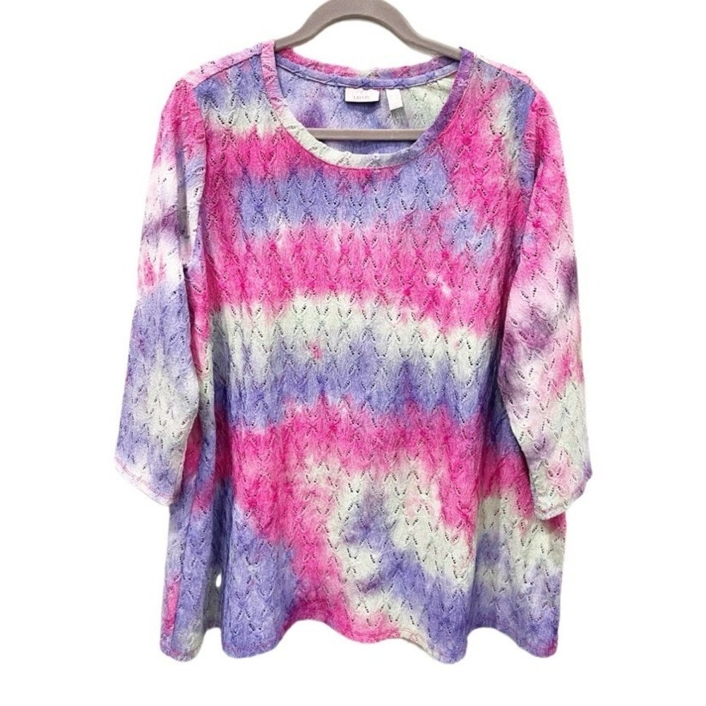 Pointelle‎ Knit Tie Dye Beachy Boho Chic Top Size 1X Coastal Bohemian Hippie